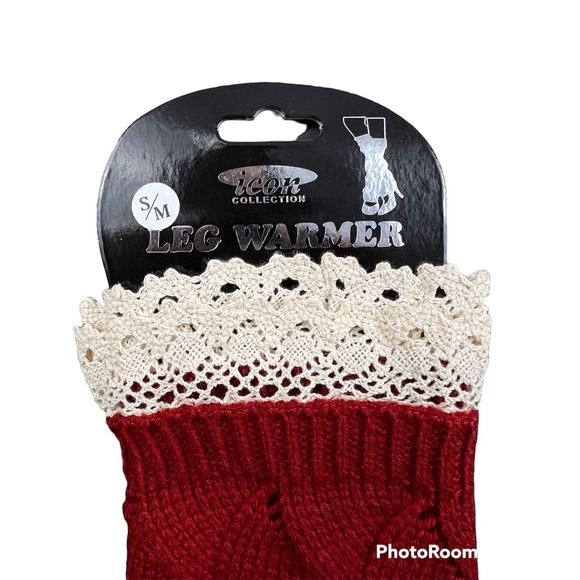 Women Leg Warmer Boot Topper S/M‎ Maroon Cable Knit Crochet Lace Balletcore A - Picture 2 of 3
